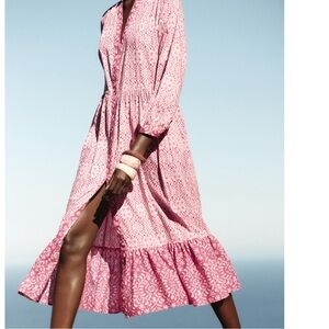 ZARA Pink Cotton Boho 3/4 Sleeve Dress with Ruffle Hem S SS2025
